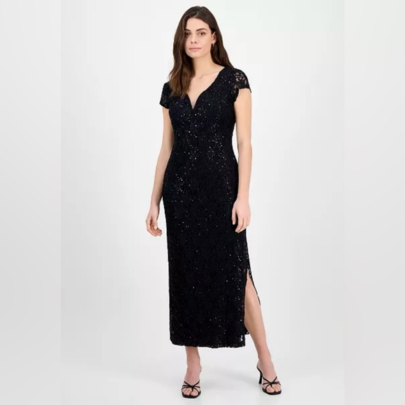 Black Sequin Lace Maxi Dress Short Sleeves Side Slits Sz 8 Connected NWT Macy - Picture 1 of 8